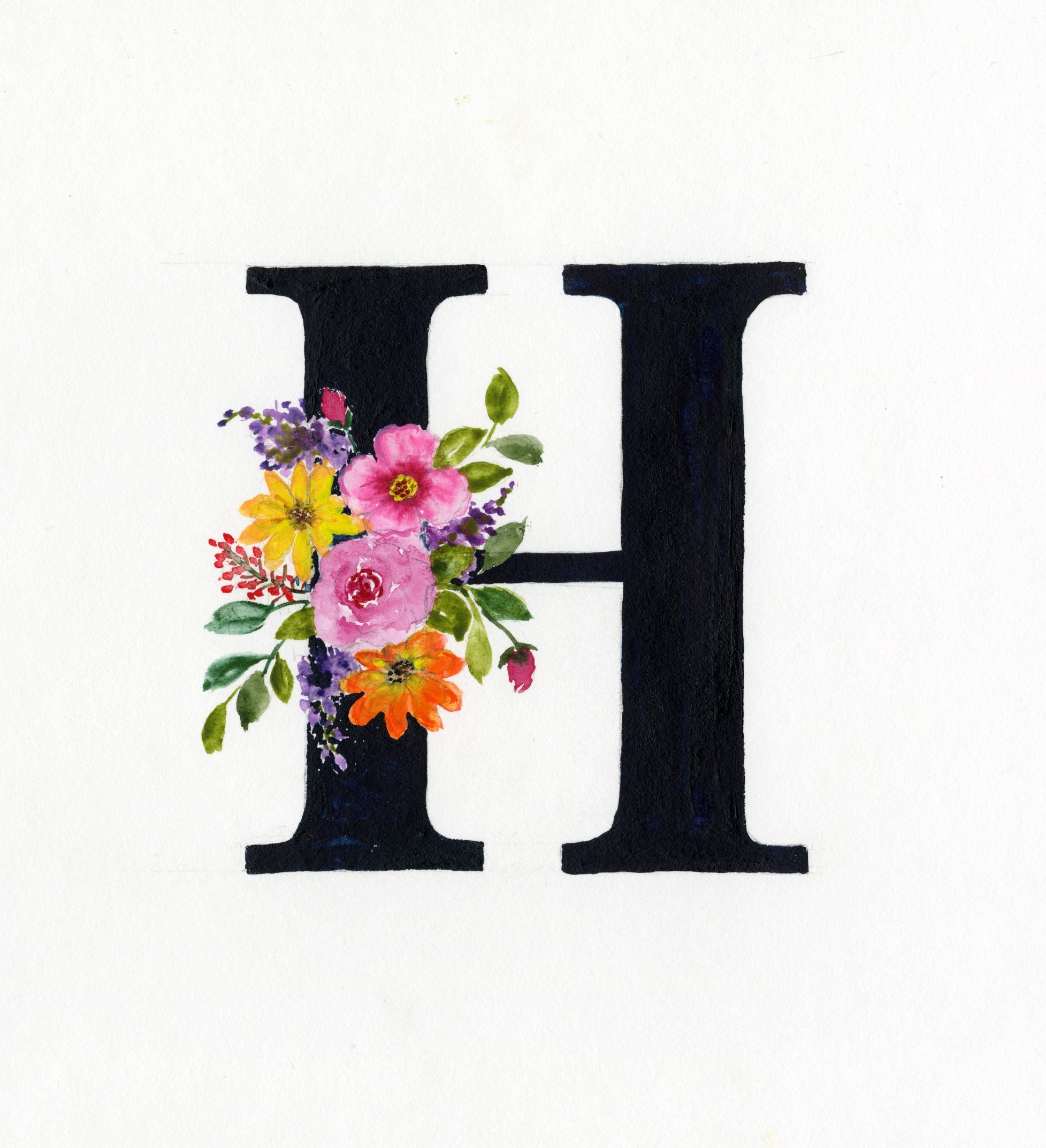 Black Floral Initial - H