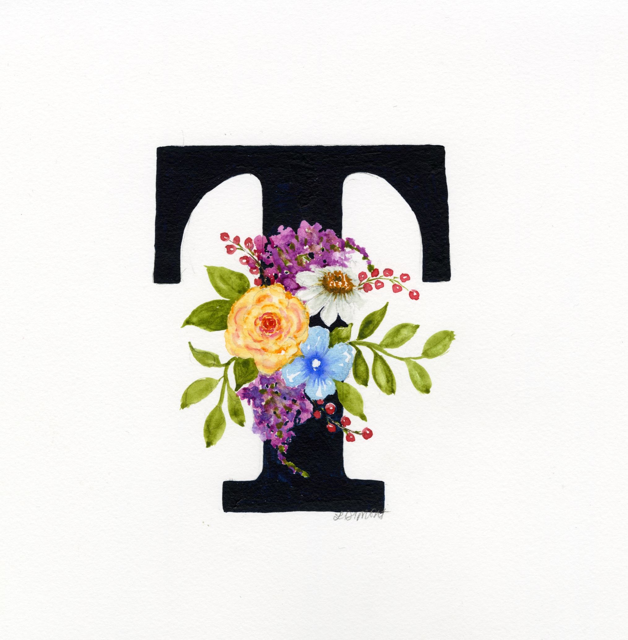 Black Floral Initial - T