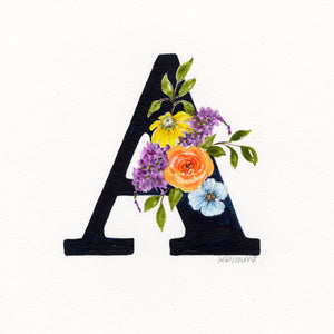 Black Floral Initial - A