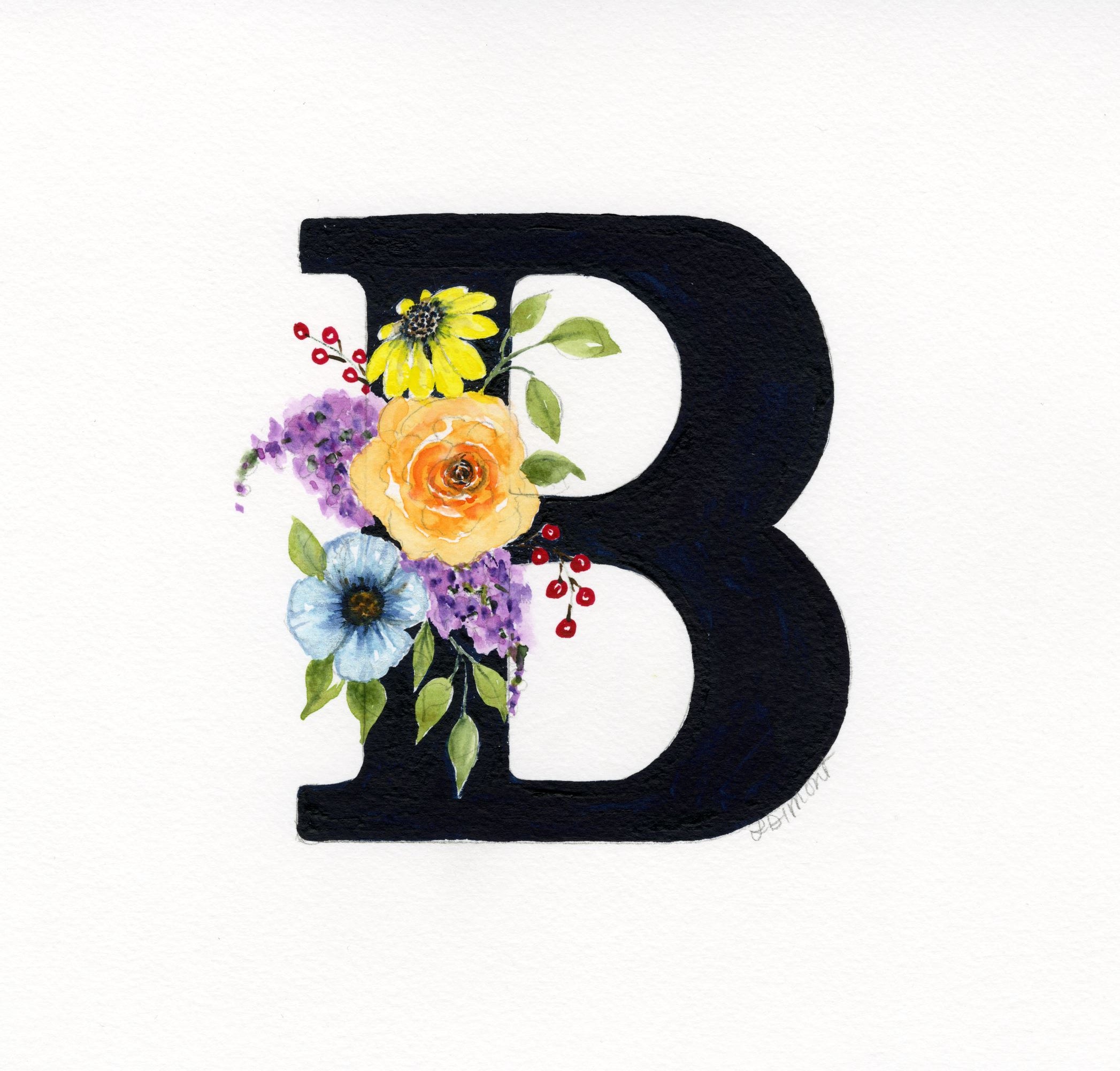 Black Floral Initial - B