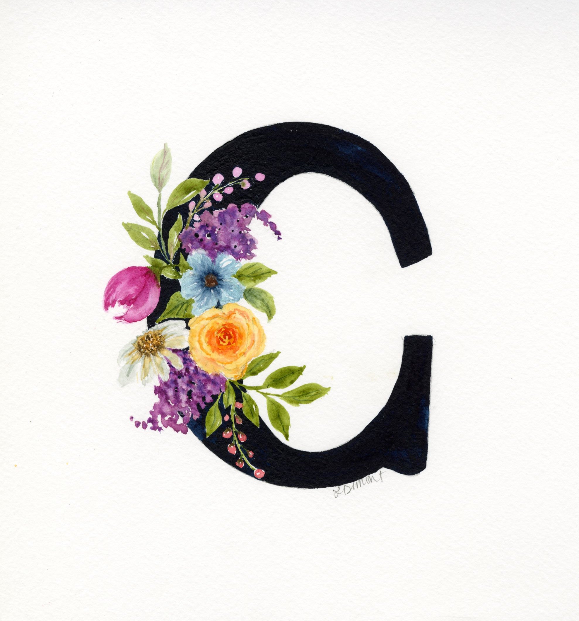 Black Floral Initial - C