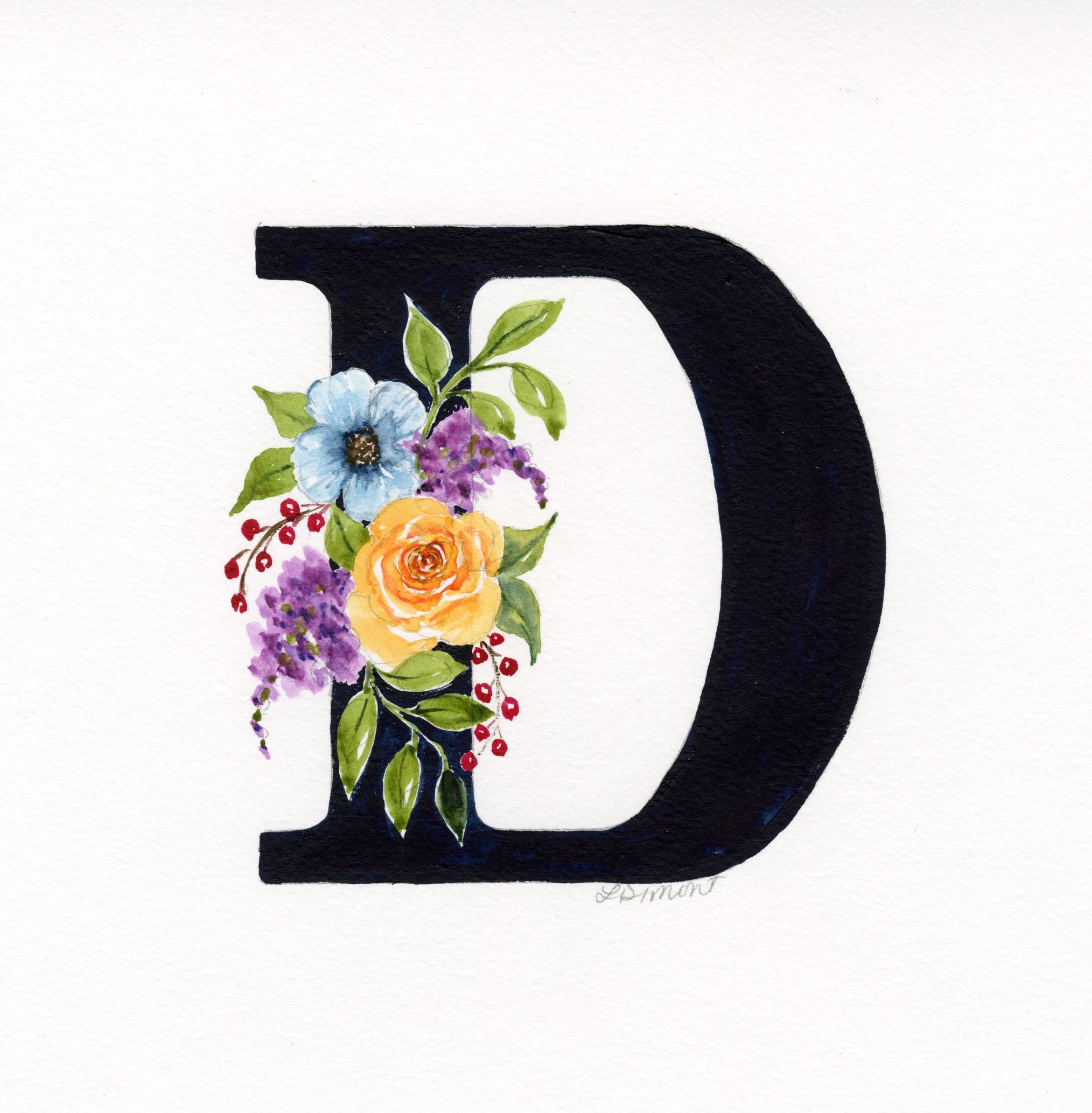 Black Floral Initial - D