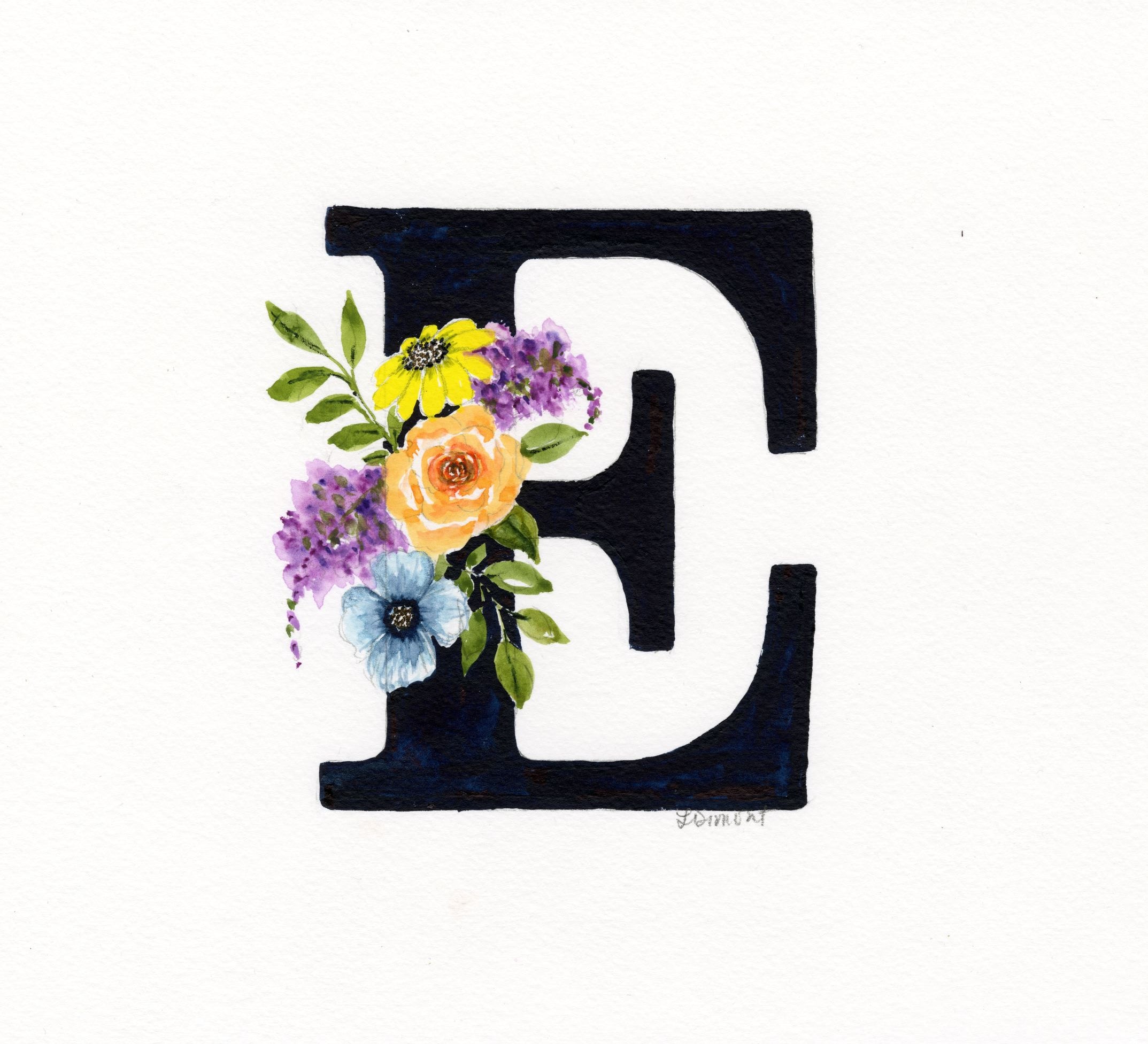 Black Floral Initial - E