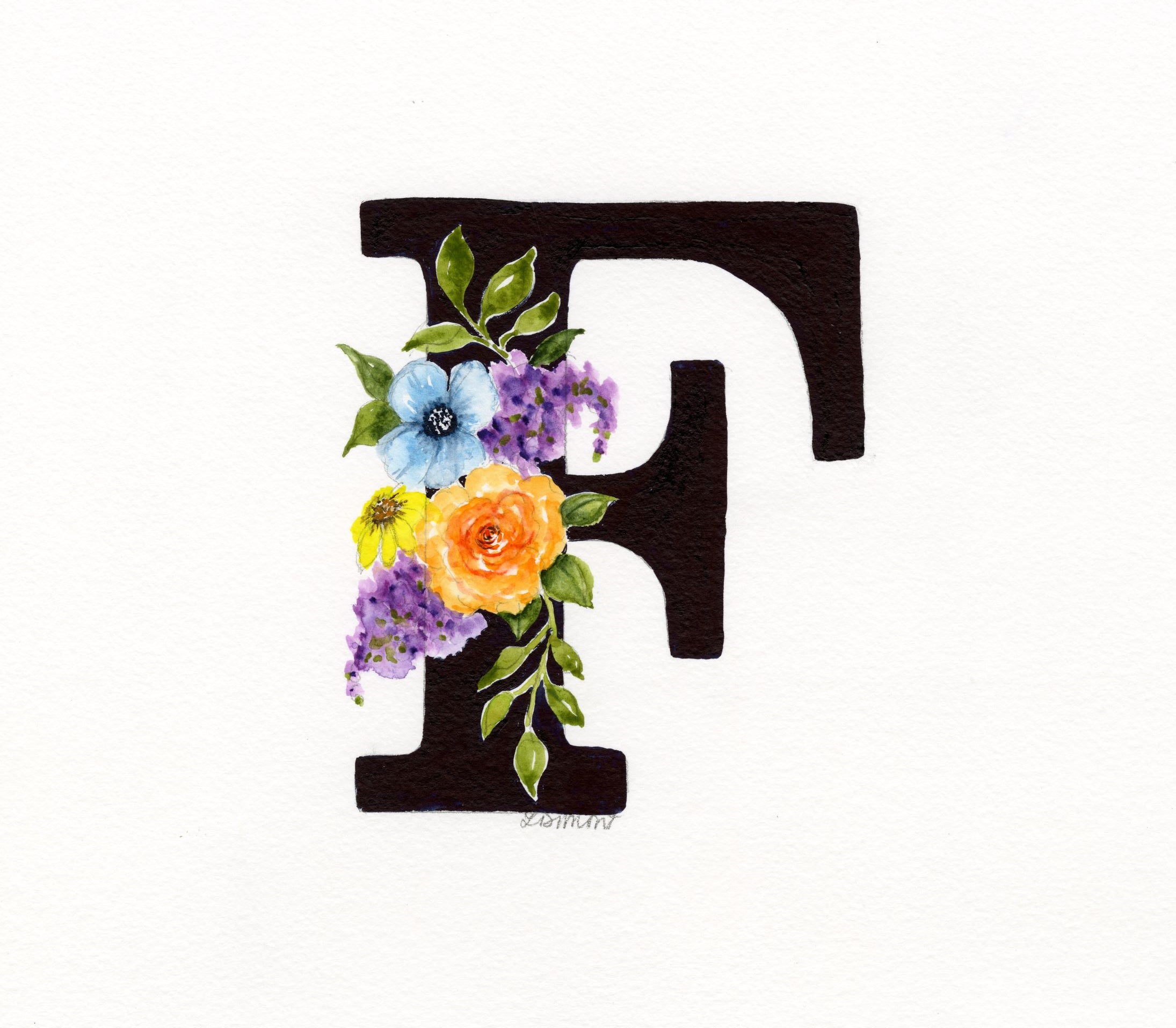 Black Floral Initial - F