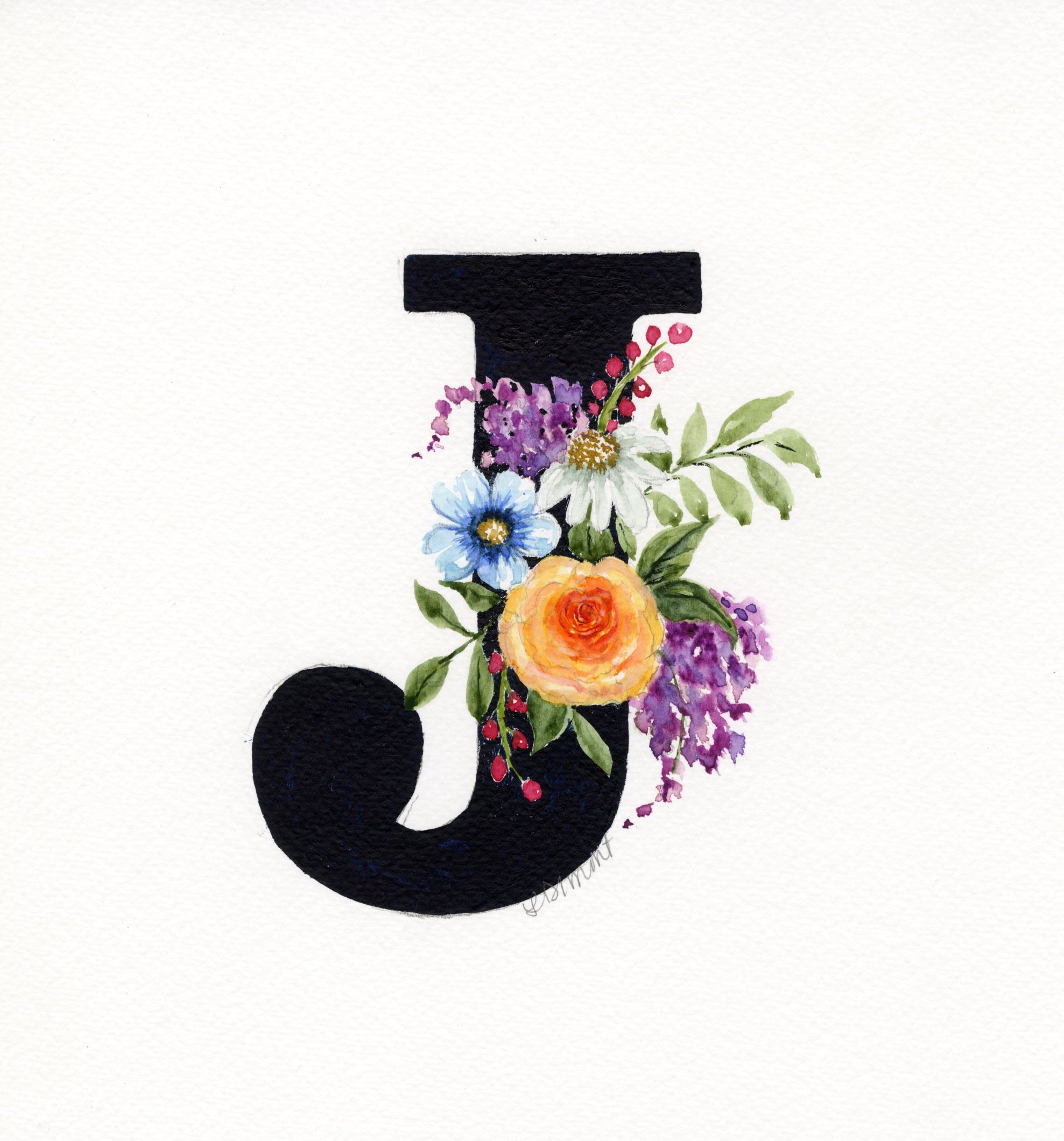 Black Floral Initial - J