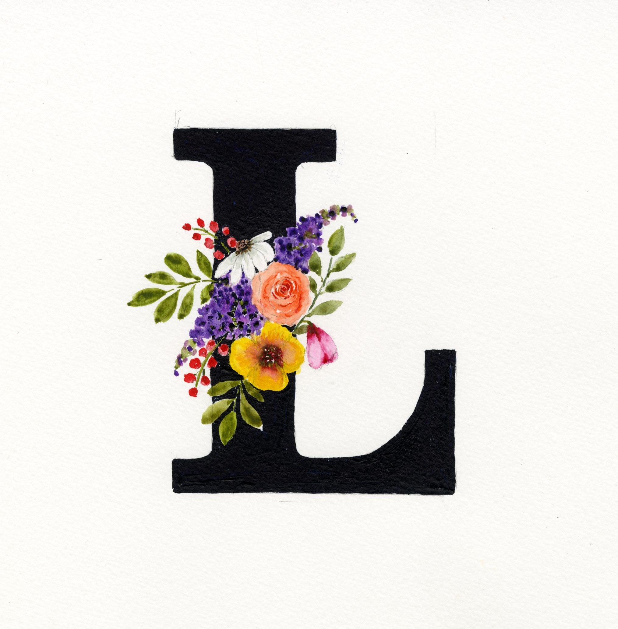 Black Floral Initial - L