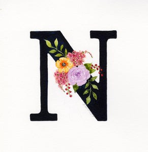 Black Floral Initial - N