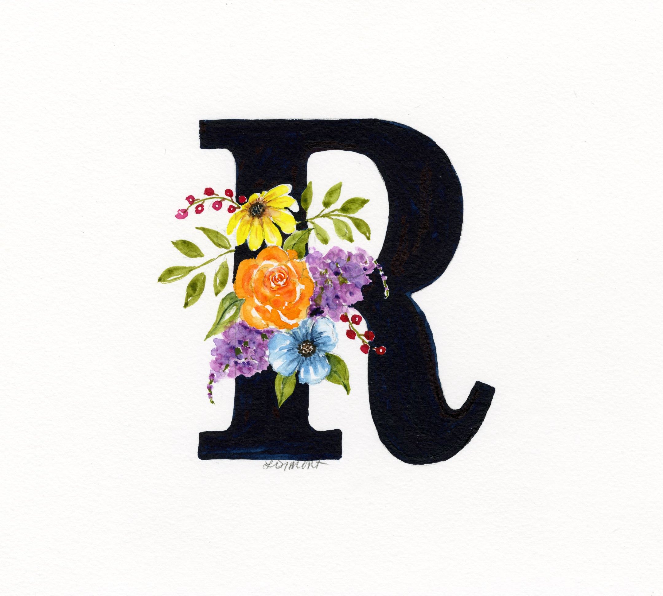 Black Floral Initial - R