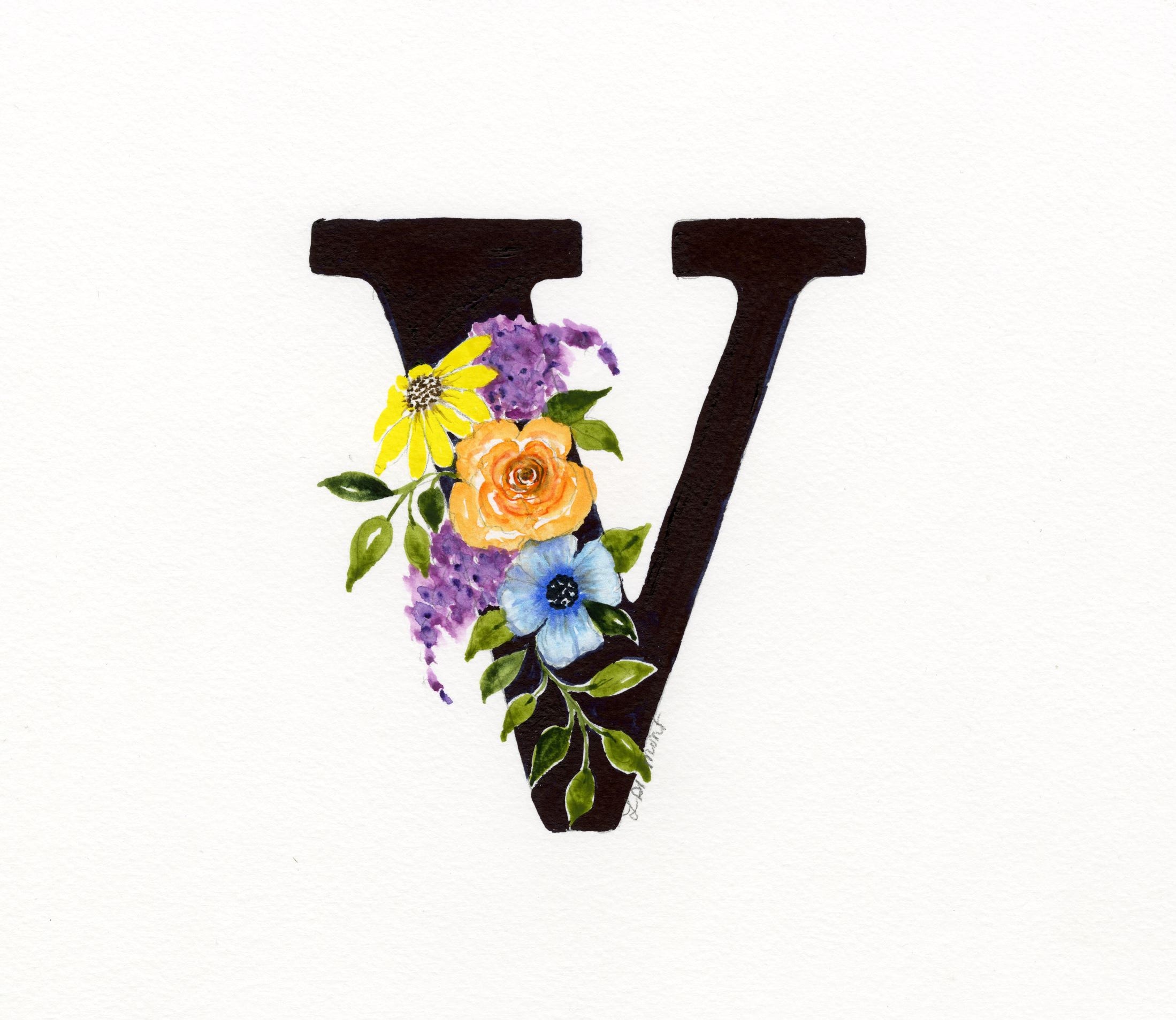 Black Floral Initial - V