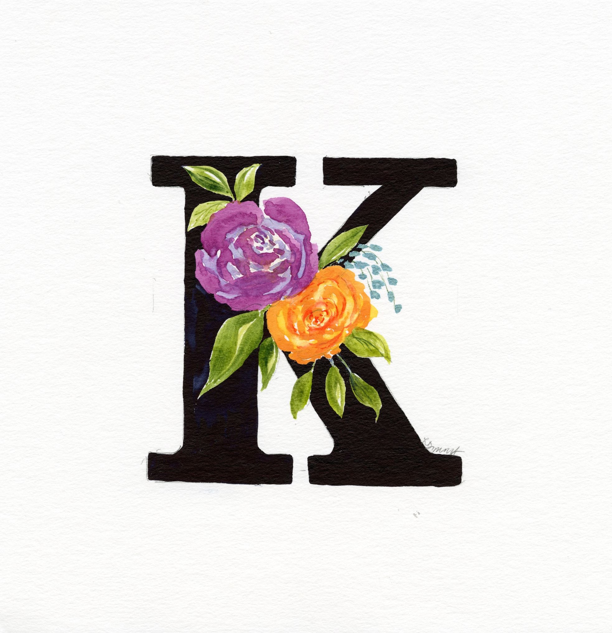 Black Floral Initial - K